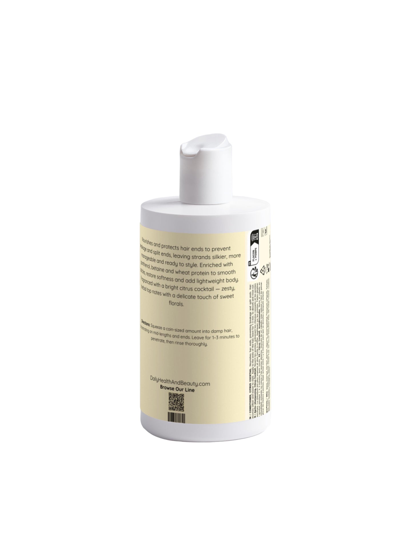 White bottle with a label on a light gray background