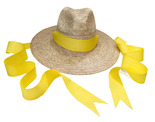 Zinnia Sun Hat for Little Girls (Age 4-10) - Long Yellow Grosgrain Ribbon