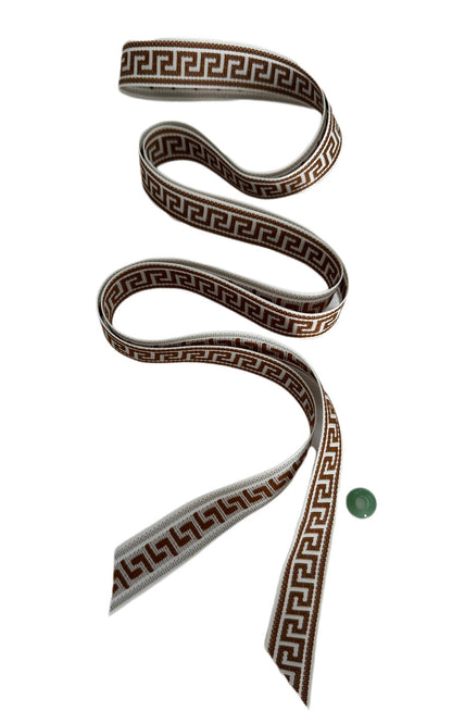 Brown & White Greek Key Long Vintage Ribbon with Gemstone Toggle Bead
