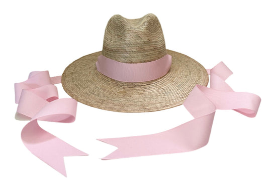 Zinnia Sun Hat for Little Girls (Age 4-10) - Long Pastel Pink Grosgrain Ribbon