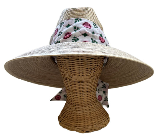 Hollyhock Sun Hat - Pink Pansy Block Print Hat Scarf