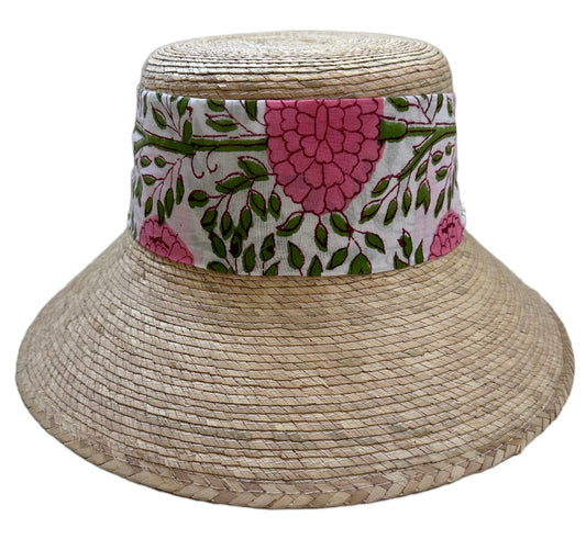 Clematis Bucket Hat - Pink Marigold Block Print Hat Scarf