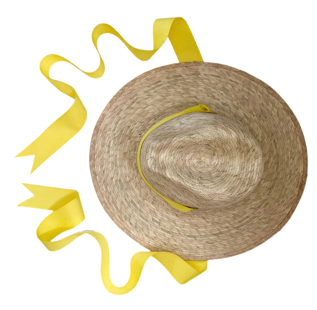 Zinnia Sun Hat for Little Girls (Age 4-10) - Long Yellow Grosgrain Ribbon
