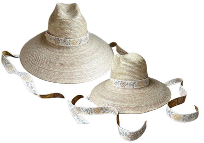 Mommy & Me Sun Hat Set - Hollyhock & Petunia - Long Sun-Dried Dahlia Ribbon