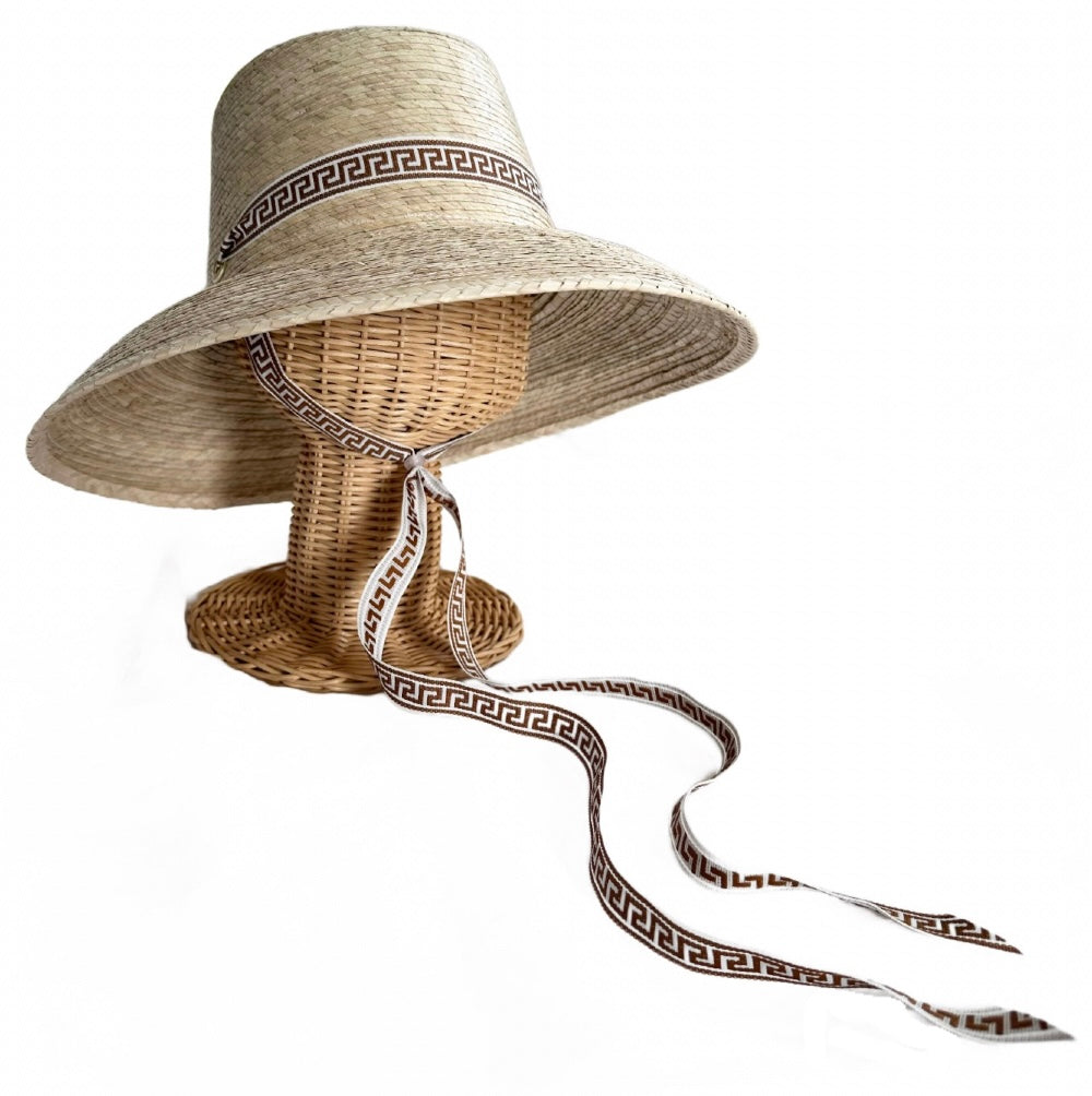 Wildflower Sun Hat - Long Brown Greek Key Ribbon with Rose Quartz Gemstone Toggle