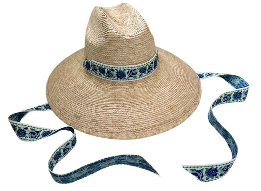 Hollyhock Sun Hat -  Vintage Azure Garden Rose Long Ribbon