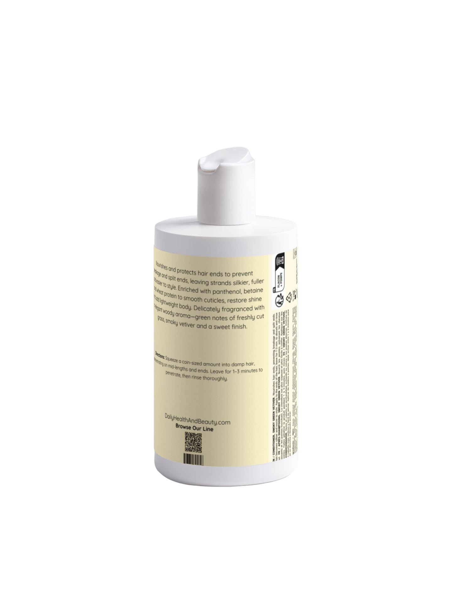 White bottle with a yellow label on a light gray background