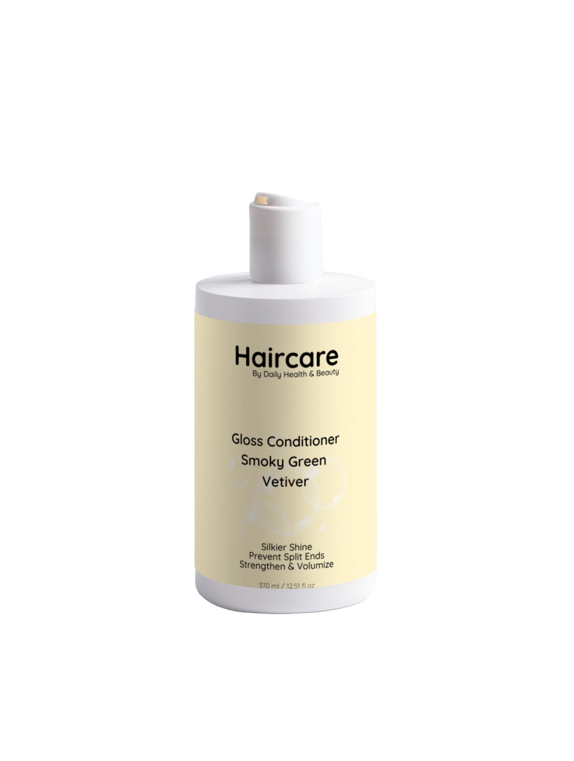 Haircare product bottle with yellow label on a white background