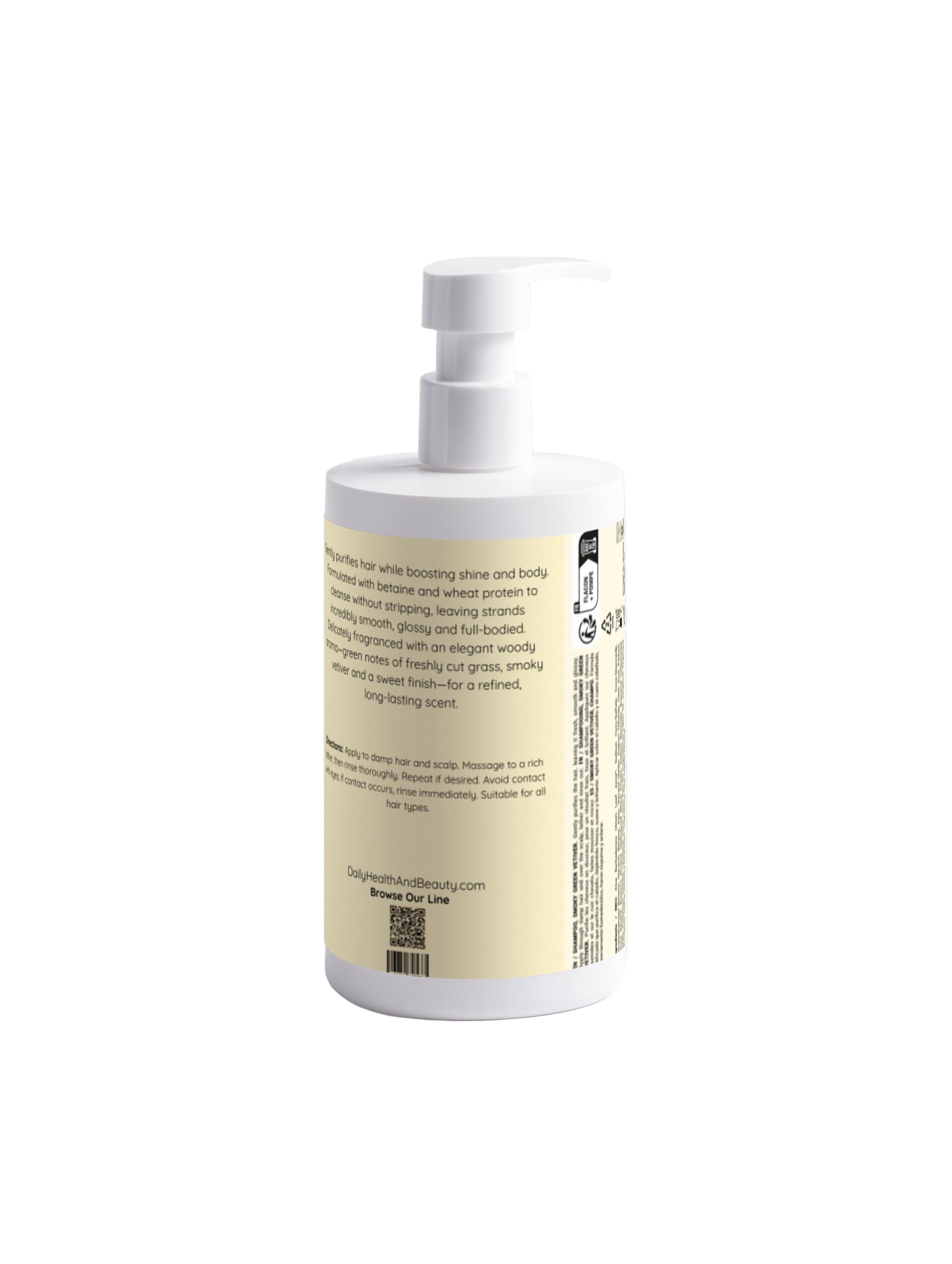 White bottle with a pump and yellow label on a light gray background