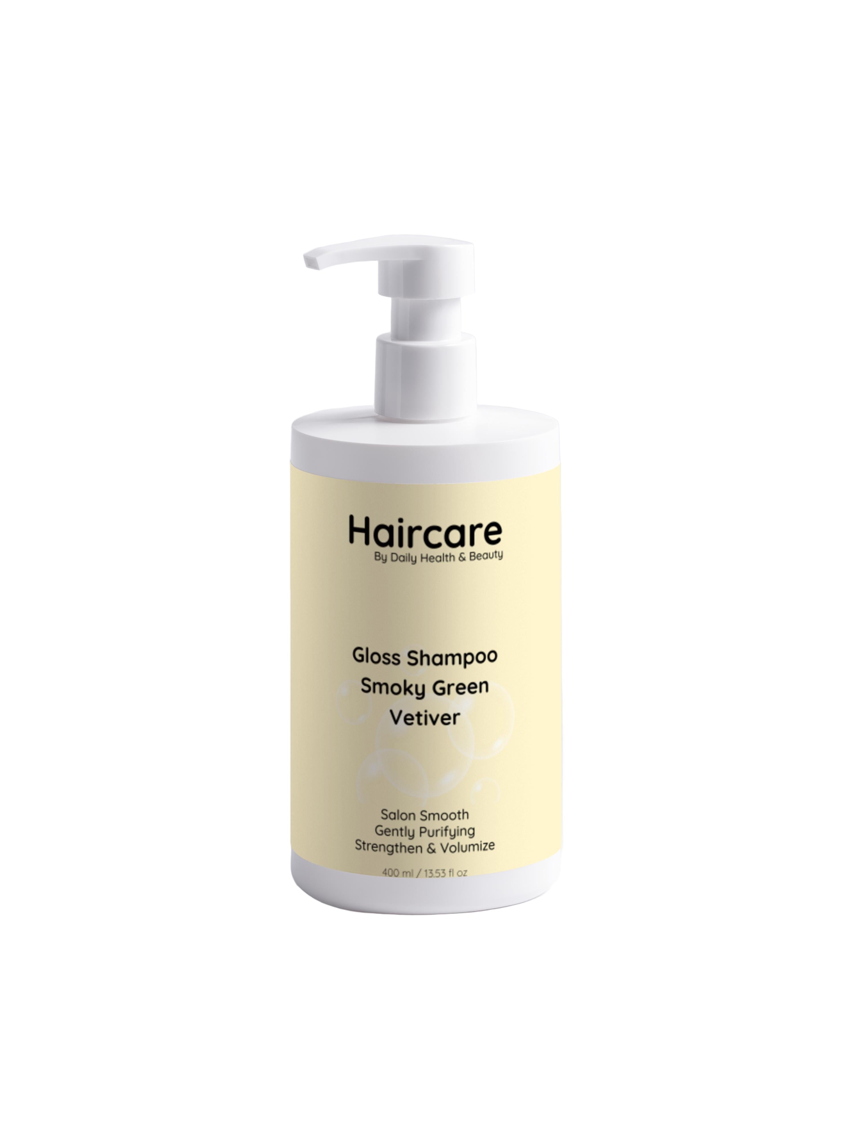 Haircare shampoo bottle with a yellow label on a white background