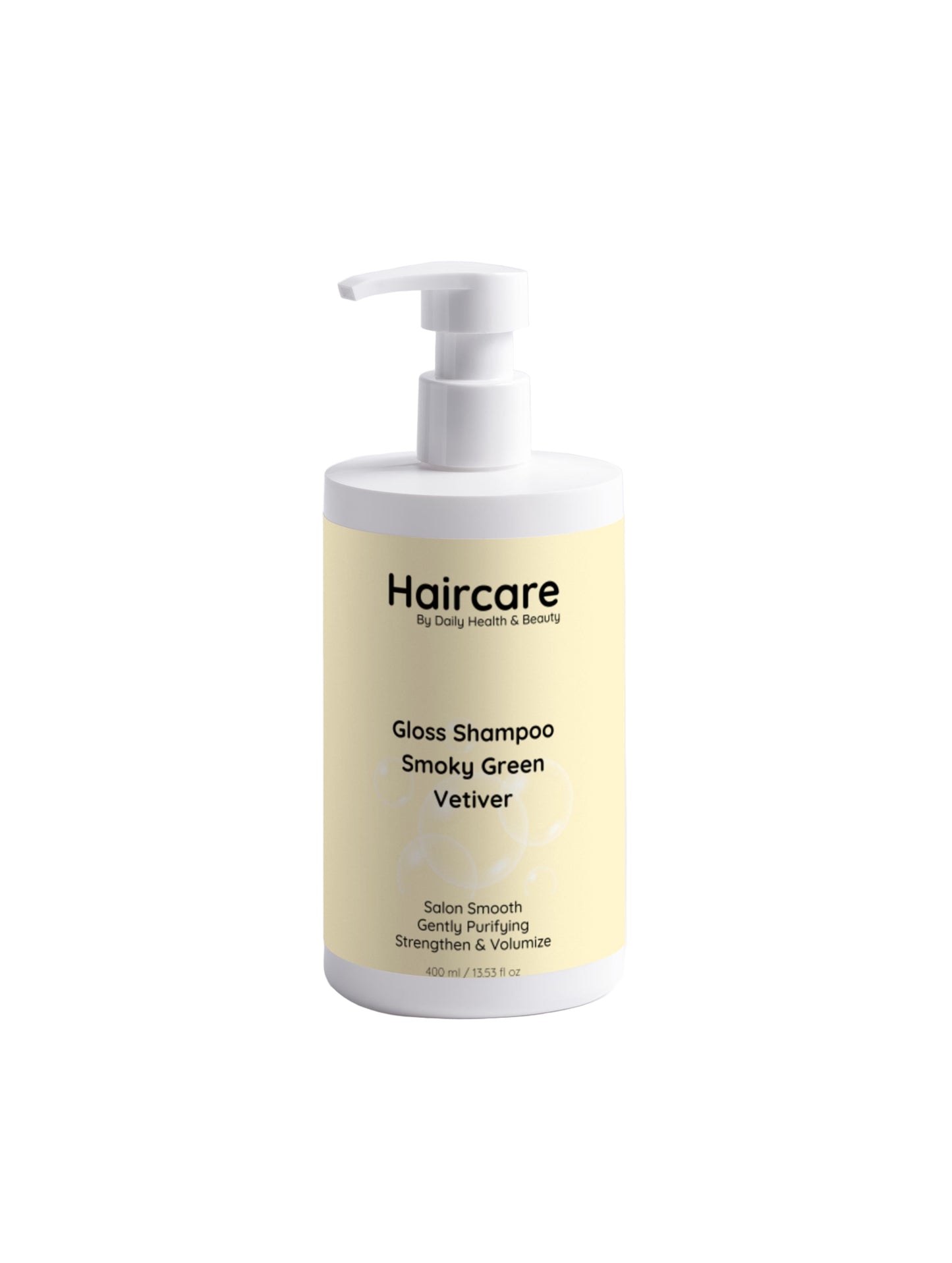Haircare shampoo bottle with a yellow label on a white background