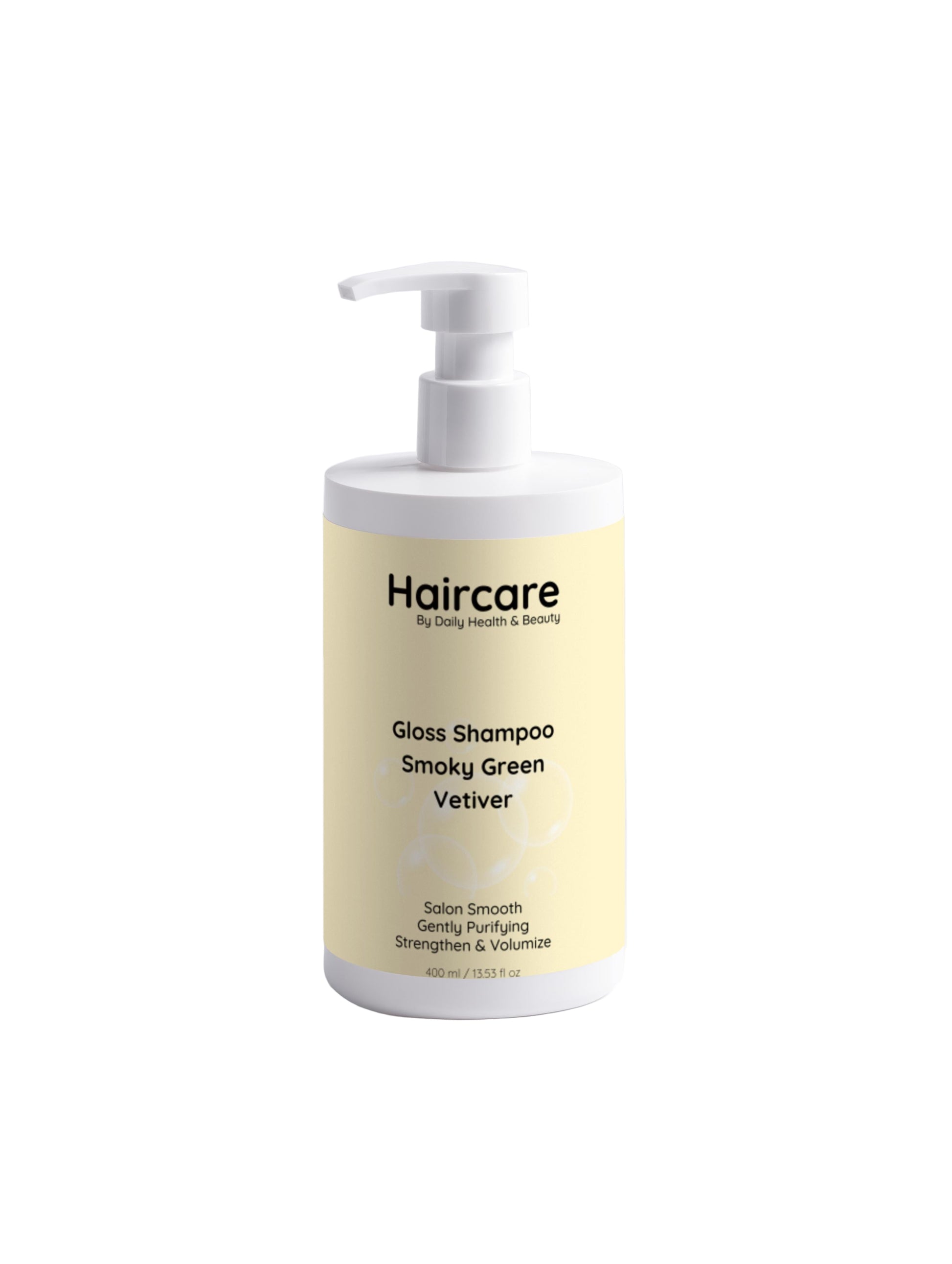 Haircare shampoo bottle with a yellow label on a white background