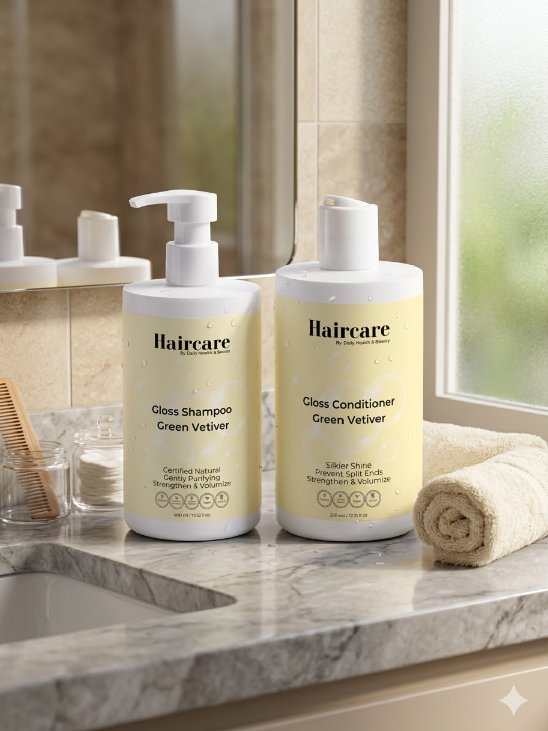 Gloss Bundle Smoky Green Vetiver bottles — organic aloe, hydrolyzed wheat protein, earthy vetiver scent.
