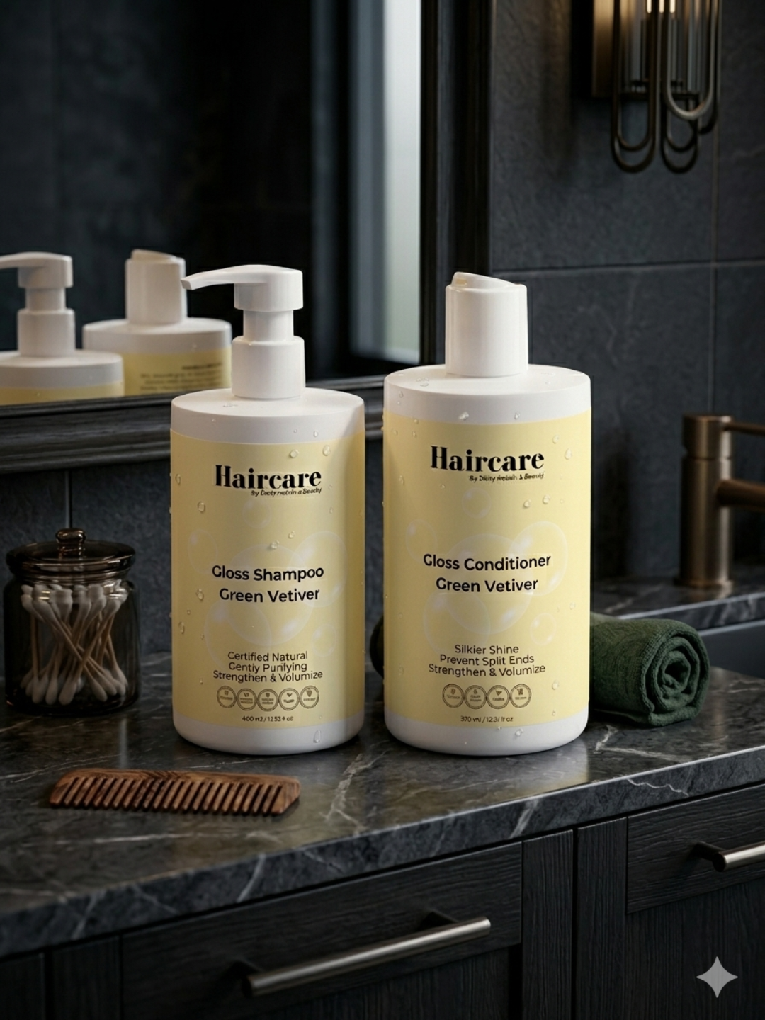 Gloss Shampoo & Conditioner Bundle in bathroom — complete shine system, smooth & manageable hair