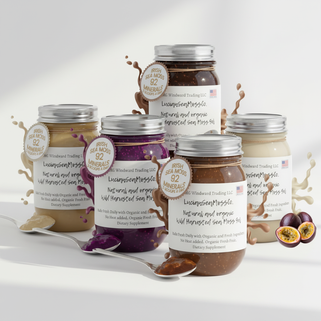 Gold, Purple, Full Spectrum, and Fruit Infused sea moss gel jars — four distinct varieties from Seamoss Global bundle