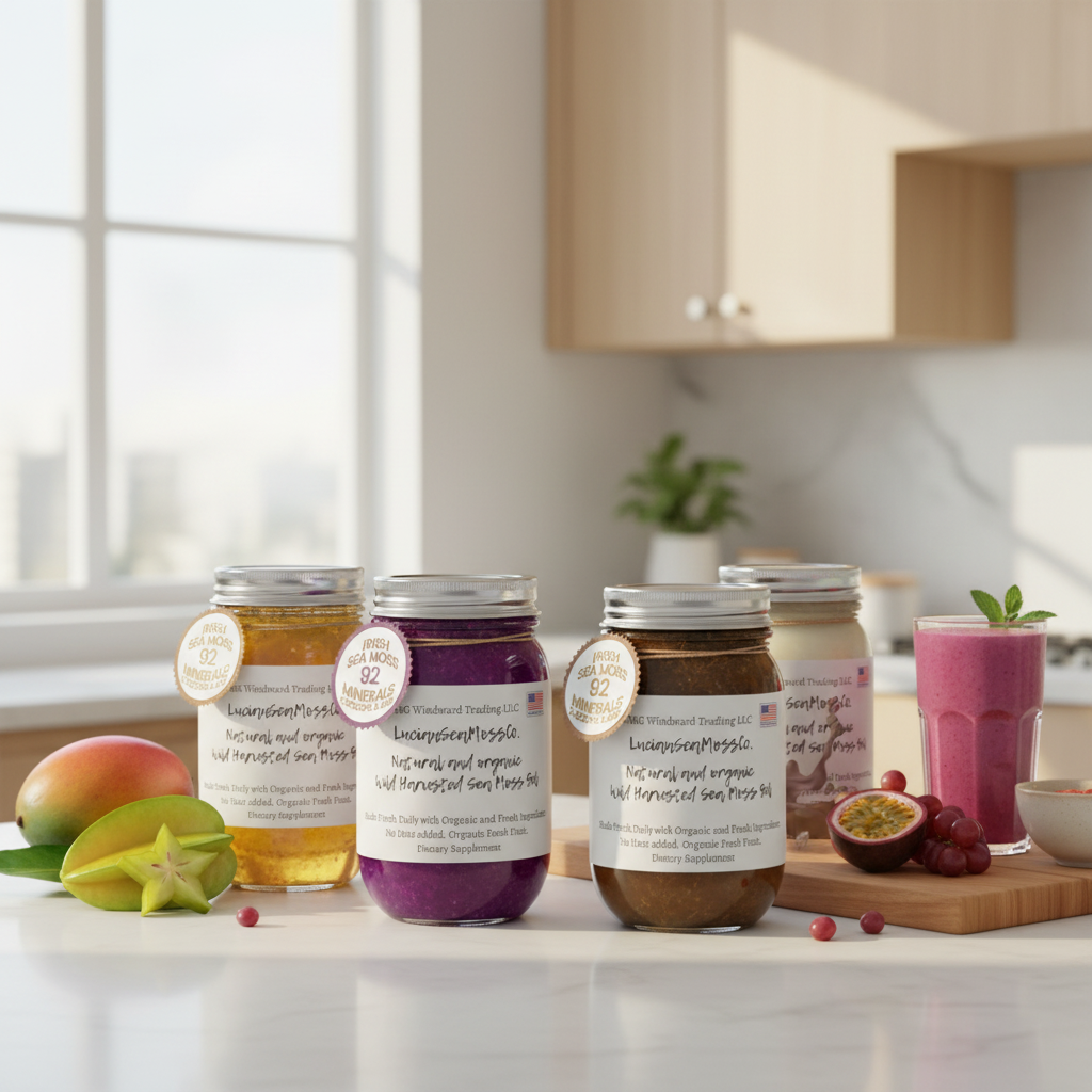 Gold, Purple, Full Spectrum, and Fruit Infused sea moss gel jars on a kitchen counter — Seamoss Global bundle at Daily Health and Beauty