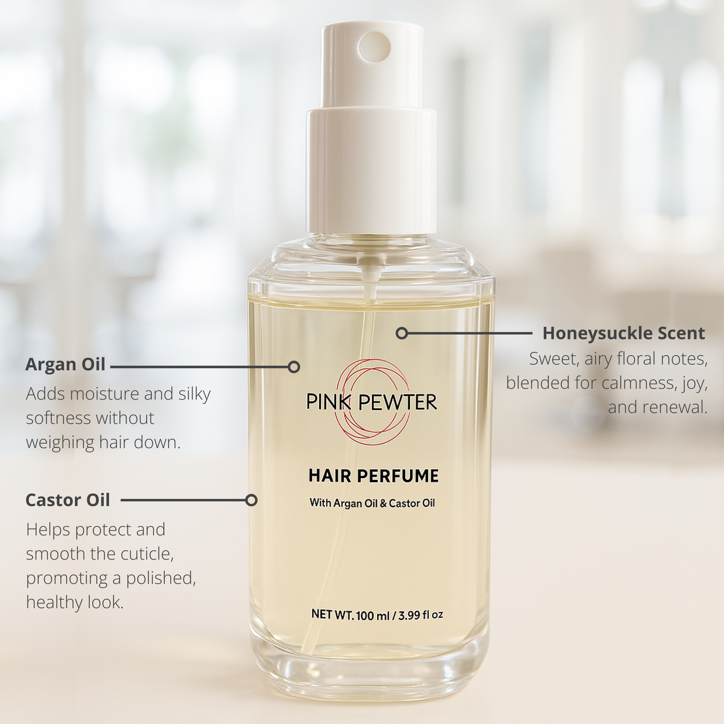 Hair Perfume Spray with Argan & Castor Oil – Long-Lasting Fragrance for Fresh, Shiny Hair – Lightweight, Non-Greasy Hair Mist – 3.4 fl oz (Honeysuckle)