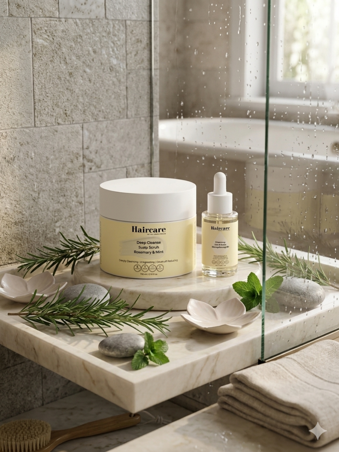 Rosemary Scalp Bundle in bathroom — removes buildup, reduces dandruff, stimulates circulation