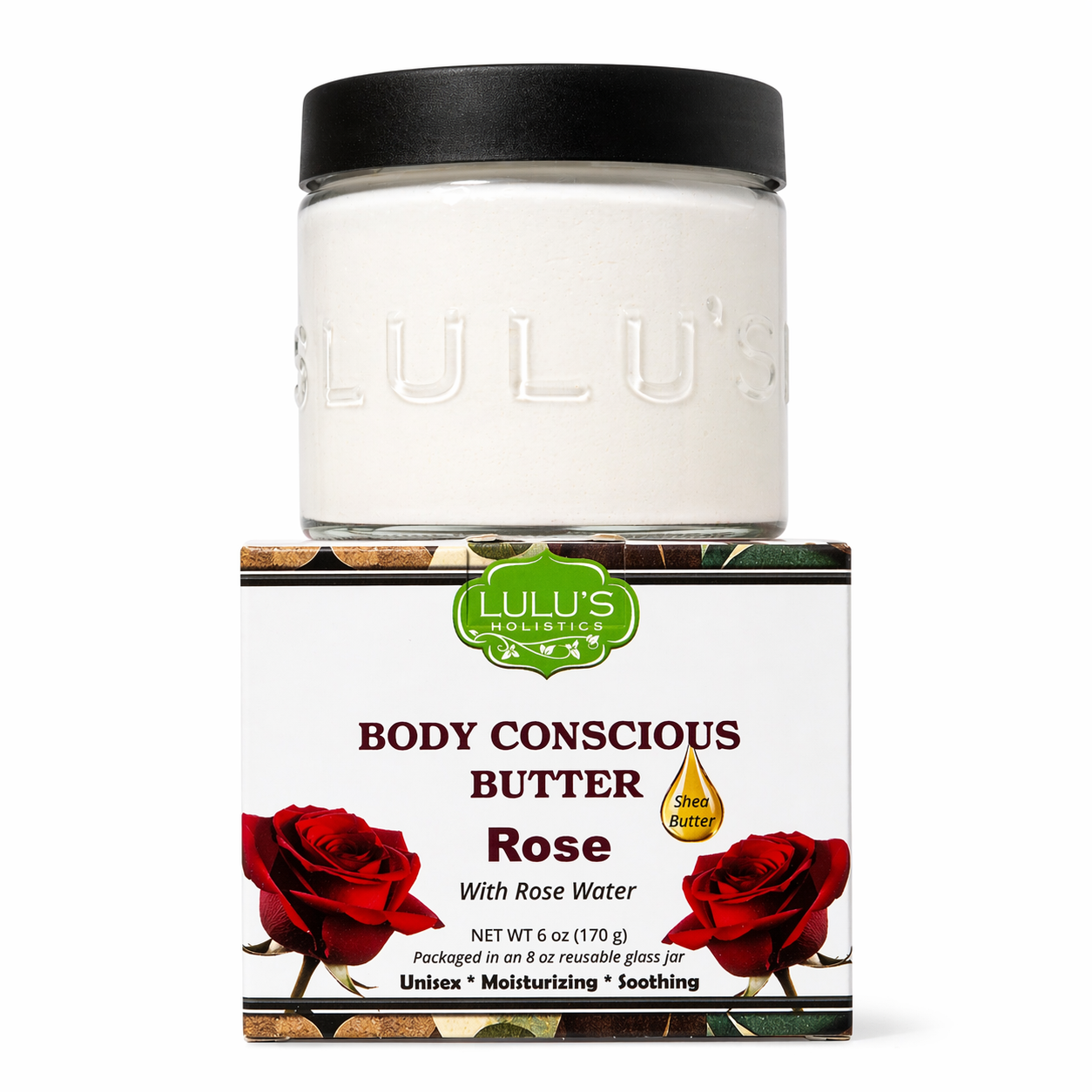 Mantequilla corporal consciente de agua de rosas para una hidratación superior y una piel calmada.