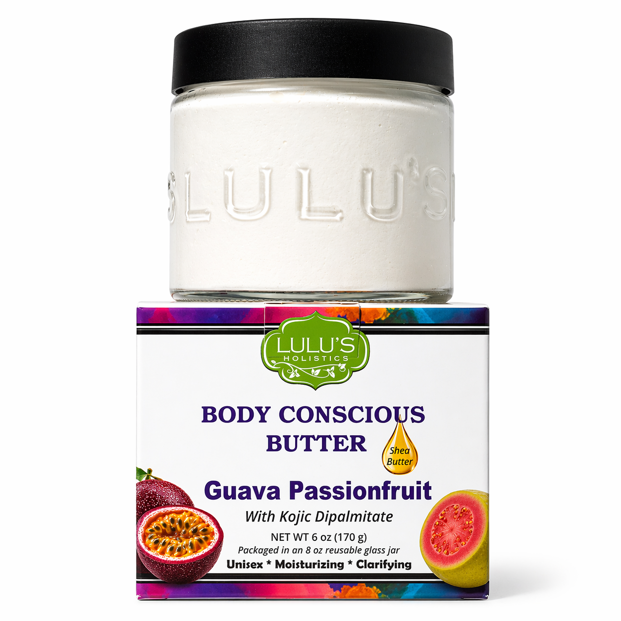 Manteca corporal consciente de guayaba, maracuyá y ácido kójico para una piel luminosa, uniforme y radiante.