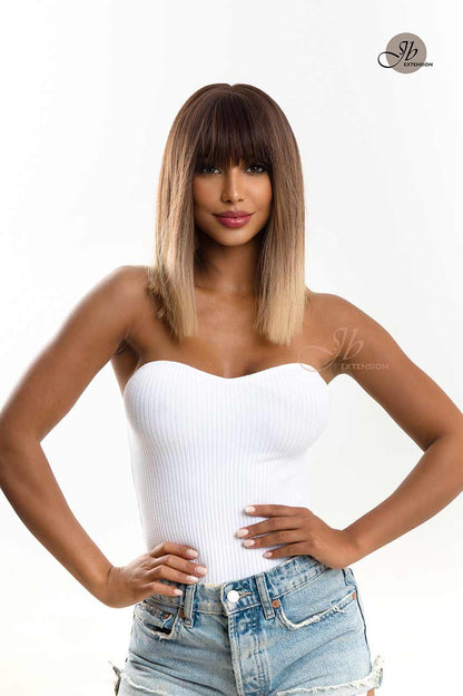 JBEXTENSION 14 Inches Straight Black Root with Brown Hair Ombre Wig JESSY