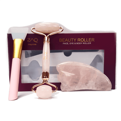 ZAQ Rose Quartz Facial Roller, Gua Sha Board + Brush Set
