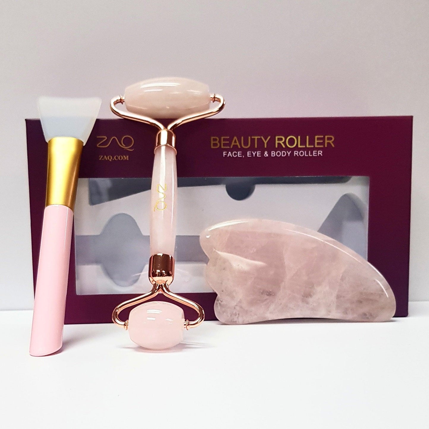 ZAQ Rose Quartz Facial Roller, Gua Sha Board + Brush Set