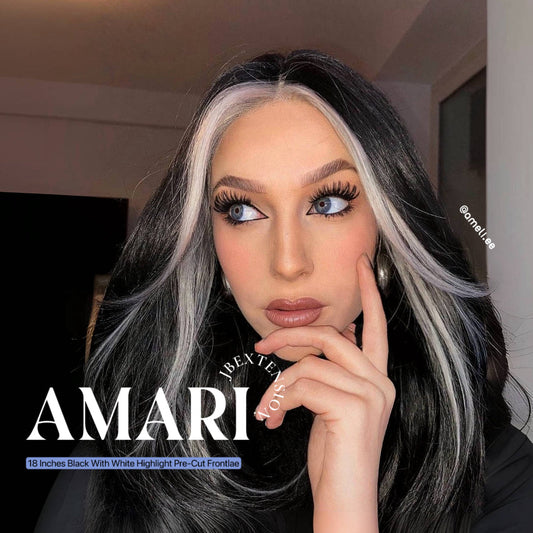 Get this look with our 18 Inches Black With White Highlight Pre-Cut Free Part Frontlae Glueless Wig AMARI