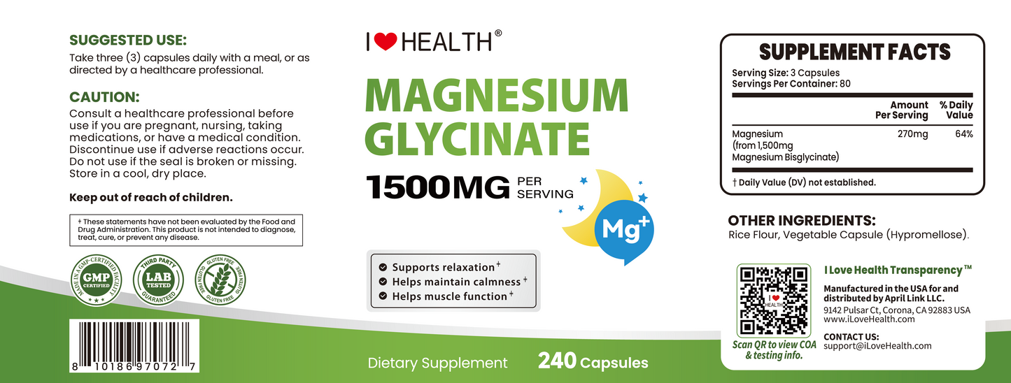 Magnesium Glycinate  – 240 Capsules – High Absorption Magnesium Supplement  – Gentle on Stomach – Made in USA