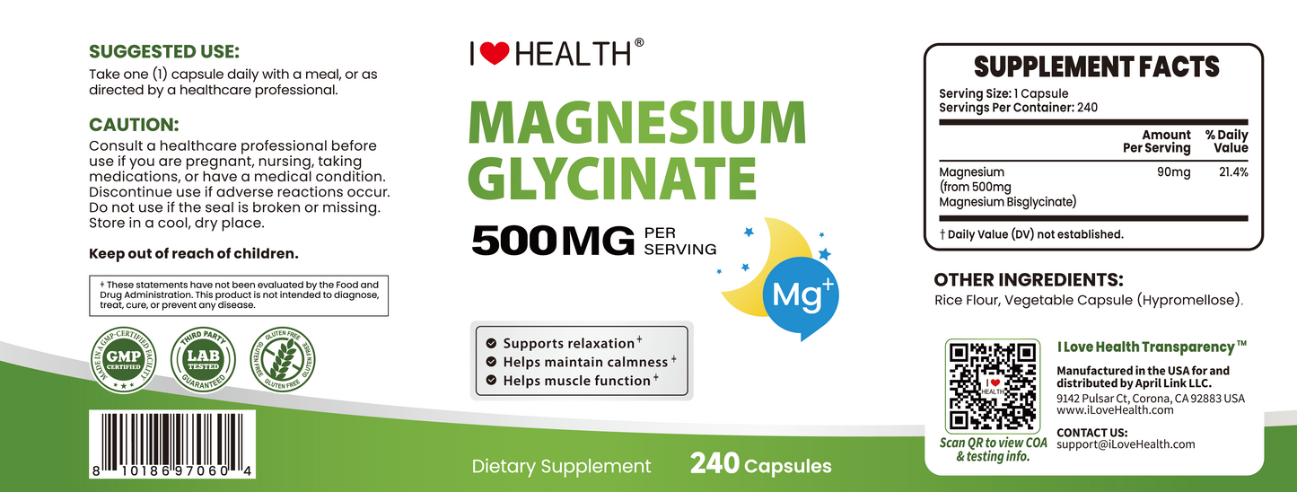 Magnesium Glycinate  – 240 Capsules – High Absorption Magnesium Supplement  – Gentle on Stomach – Made in USA