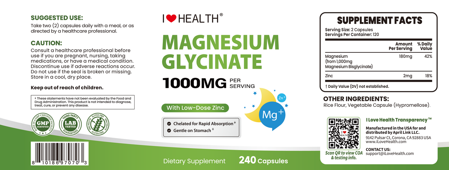 Magnesium Glycinate  – 240 Capsules – High Absorption Magnesium Supplement  – Gentle on Stomach – Made in USA
