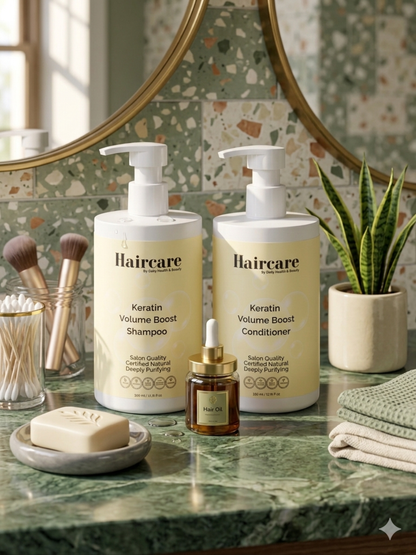 Keratin Volume Boost Shampoo & Conditioner Bundle in bathroom — visible volume for fine & thinning hair