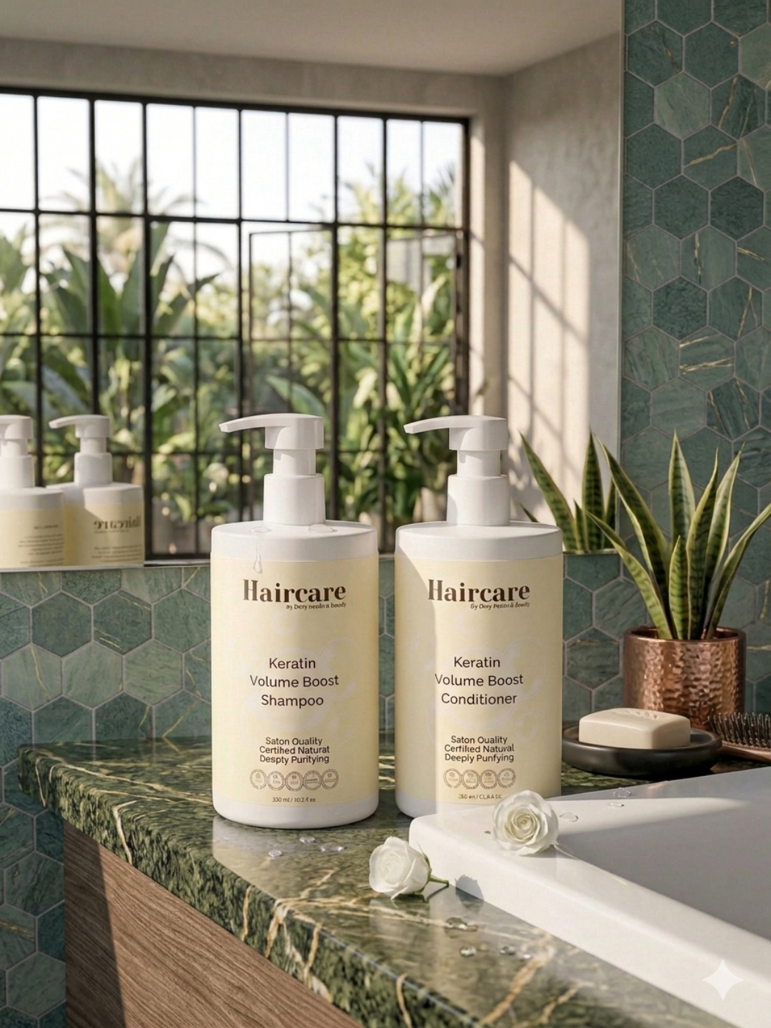 Keratin Volume Boost Bundle bottles — organic chanterelle extract, peppermint & sandalwood gourmand scent