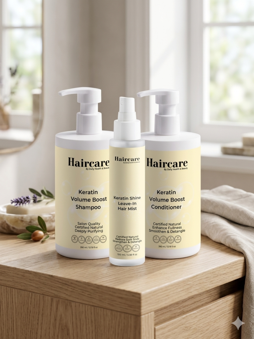 Keratin Volume Boost Complete System — chanterelle extract, marine algae, gourmand peppermint & sandalwood scent