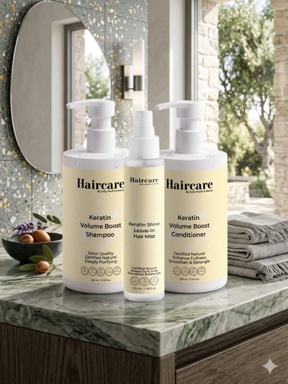 Keratin Volume Boost Hair Care System in bathroom — maximum volume, shine & strengthening for fine hair