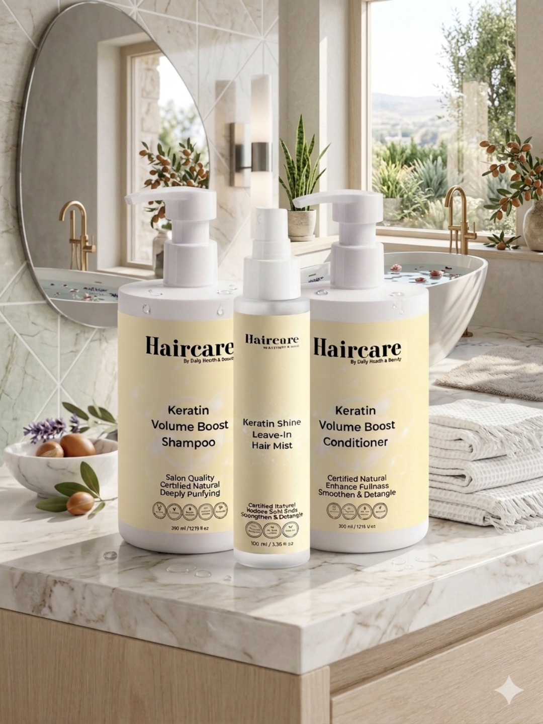 Keratin Volume Boost System bottles — triple keratin formula, caffeine & rosemary scalp reactivation
