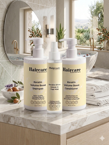 Keratin Volume Boost System bottles — triple keratin formula, caffeine & rosemary scalp reactivation
