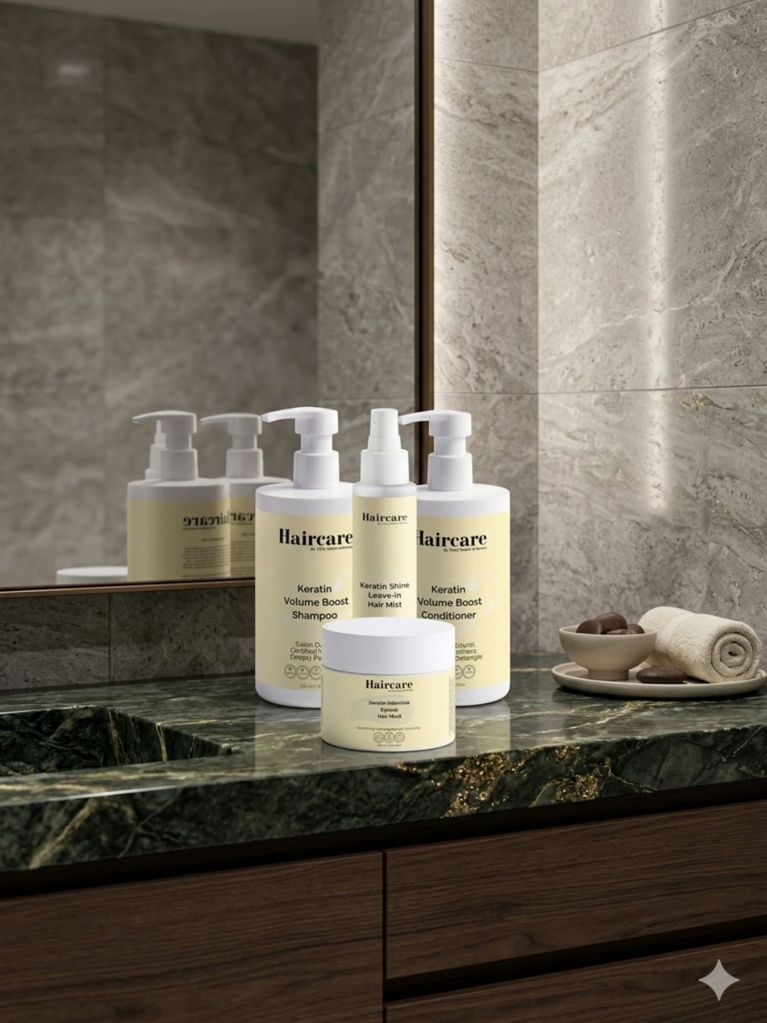 Keratin Complete Haircare Bundle in bathroom — ultimate keratin routine for fine, damaged & thinning hair
