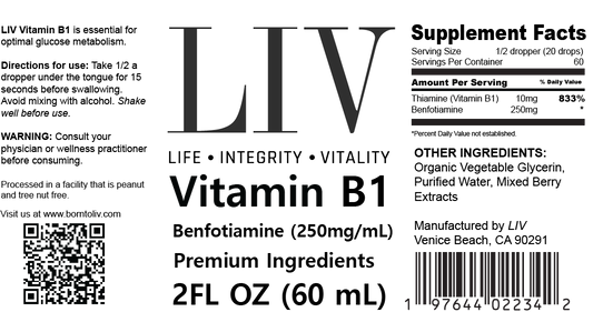 Vitamin B1 Thiamine Liquid Metabolic Booster (Benfotiamine 250mg, 60 servings)