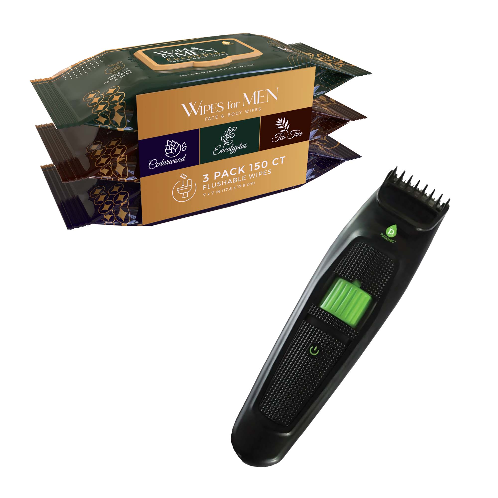 Pursonic Men’s Refresh & Groom Kit: Cedarwood, Tea Tree & Eucalyptus Wipes + Rechargeable Beard & Body Trimmer