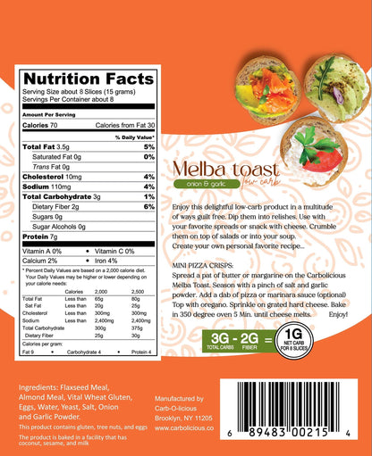 Carbolicious Melba Toast Low-Carb  Sugar Free (ONION & GARLIC) 4oz 1g net carbs per 8 Slices