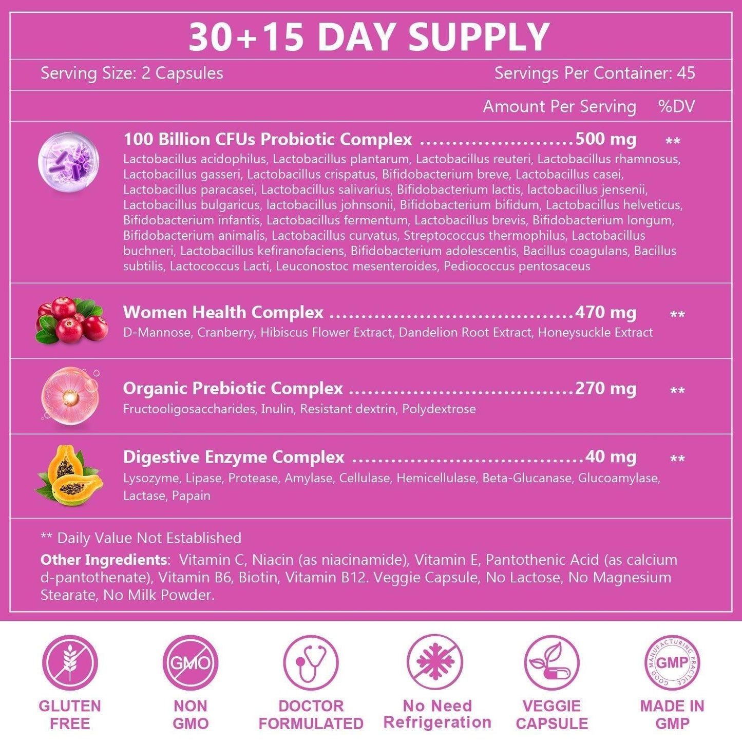 Women’s Gut Health Probiotics, 100 Billion CFUs, 90 Veggie Capsules