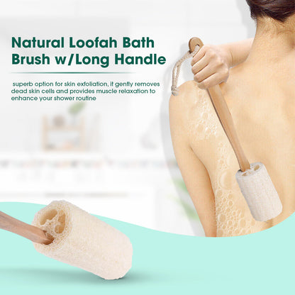 Cepillo de baño de lufa natural con mango largo.