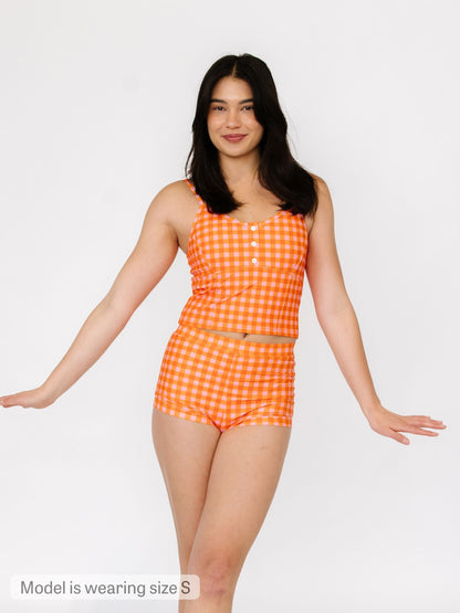 Orange Gingham Button Crop Top