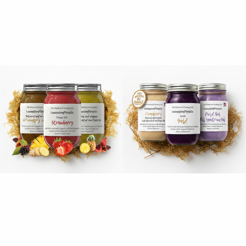 Organic Fruit Infused Best Seller Sea Moss Gel Bundle and Pure Sea Moss Gel Bundle Gold Purple Full Spectrum — six jars flat lay