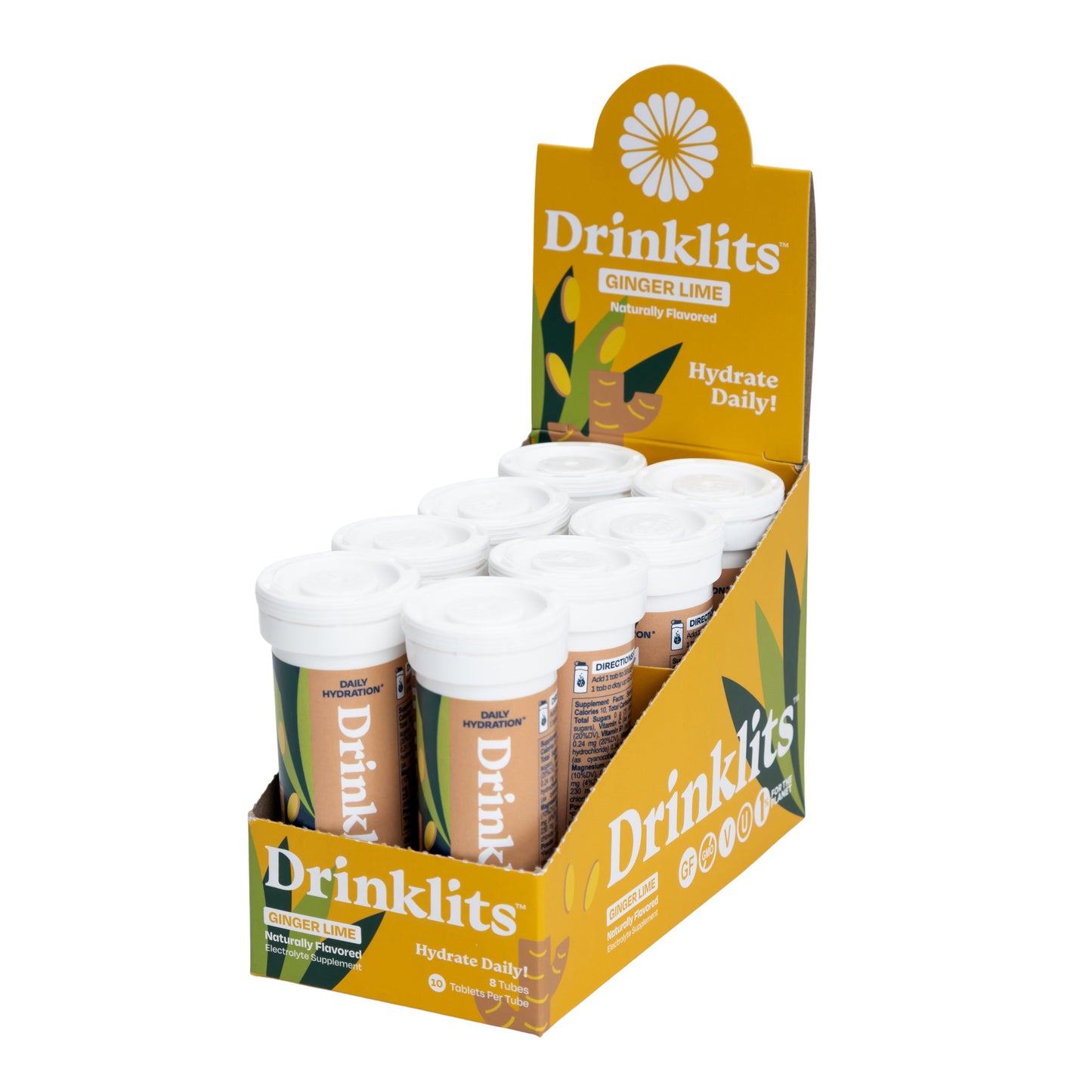 GINGER-LIME Electrolyte Tablets for Daily Hydration (8 Tubes, 80 Servings)