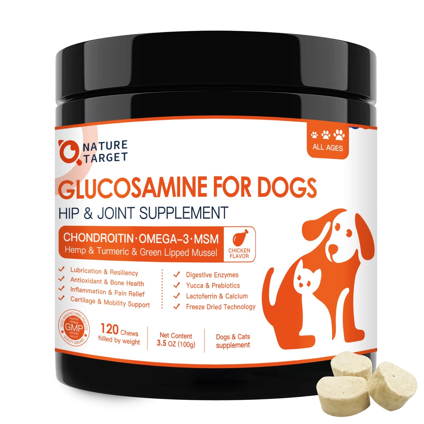 Dog & Cat Glucosamine HCl 250mg + Chondroitin 100mg + MSM 100mg + Green Lipped Mussel 70mg + Digestive Enzymes 50mg, Chicken Flavor, 120 Chews