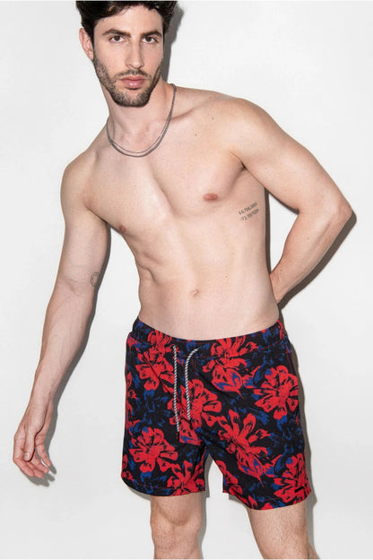 Tulum Volley Swim Trunk Red Vintage Floral
