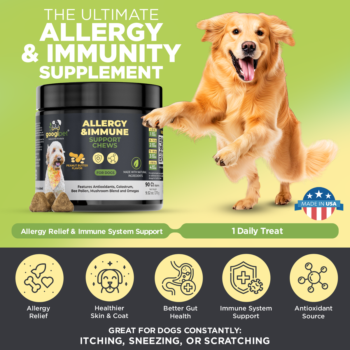 Friandises à Mâcher pour Chiens (Goût Beurre de Cacahuète) – Soutien Allergies & Immunité