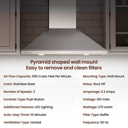 Rangaire 36" Wall-Mounted Range Hood 580 CFM Convertible  Stainless Steel  RHWMP36S